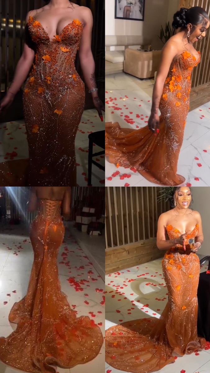 Pretty Mermaid Sweetheart Orange Sequin Black Girl Long Prom Dresses Graduation Dress Evening Gowns D2616