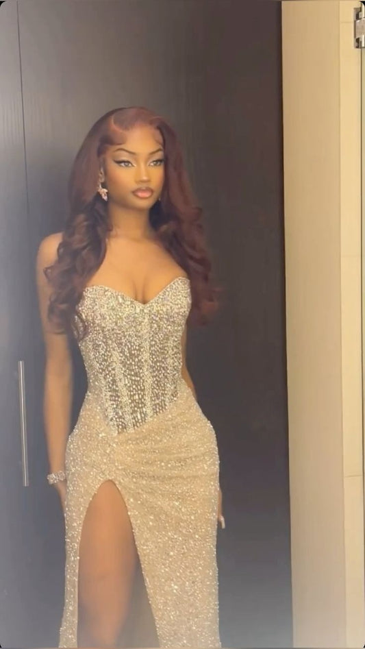 Classy Mermaid Sweetheart Champagne Sequin Slit Long Prom Dresses Summer Wedding Guest Dresses Wedding Guest Outfits D2642