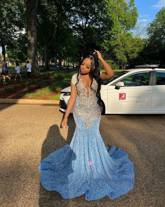 Pretty Mermaid Blue Silver Beads Sequin 18th Birthday Dress Prom Dress Birthday Outfits For Women D2695