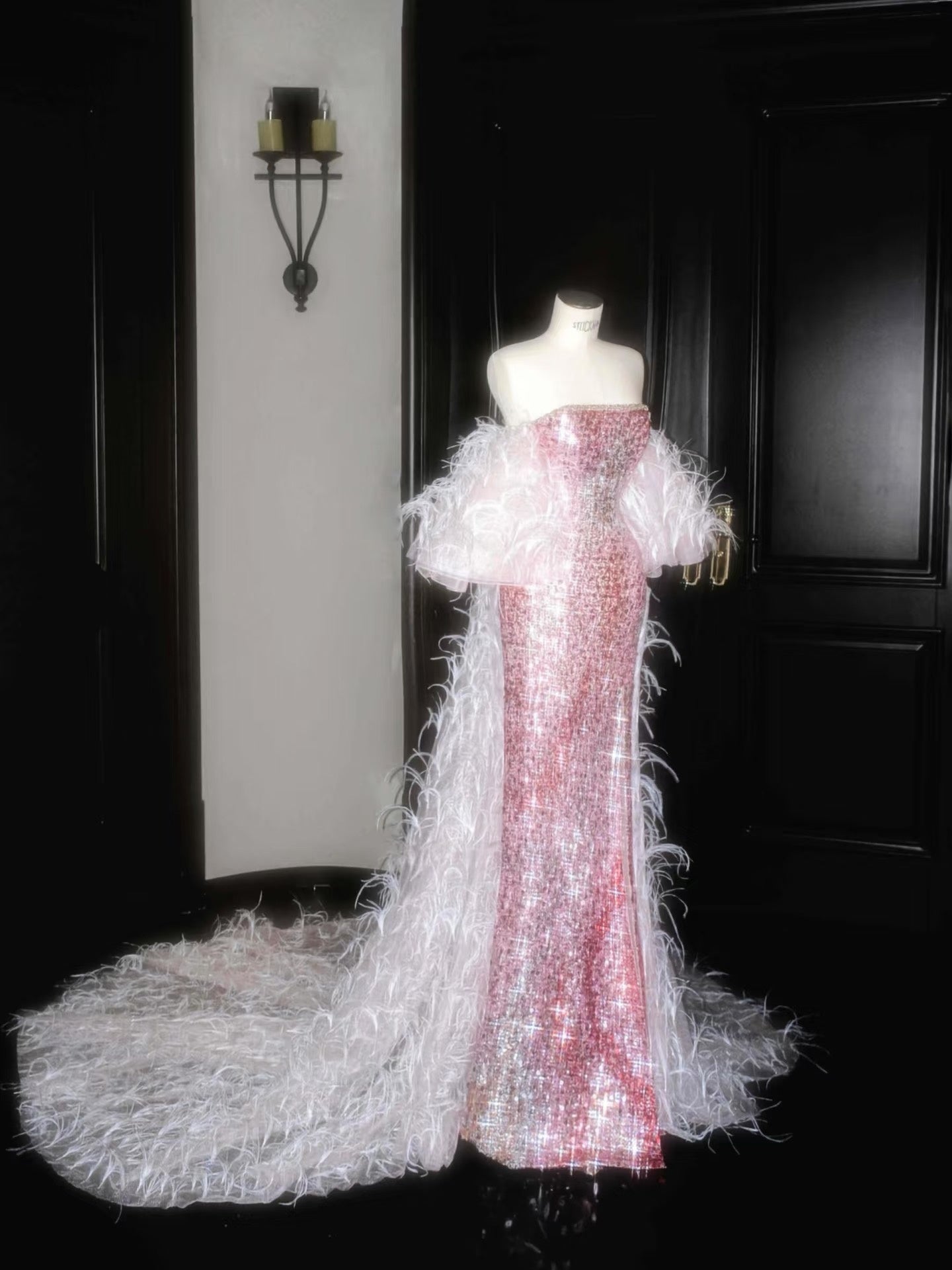 Vintage Mermaid Strapless Pink Sequins Long Prom Dress Party Dress Graduation Dresses Birthday Outfits D2715