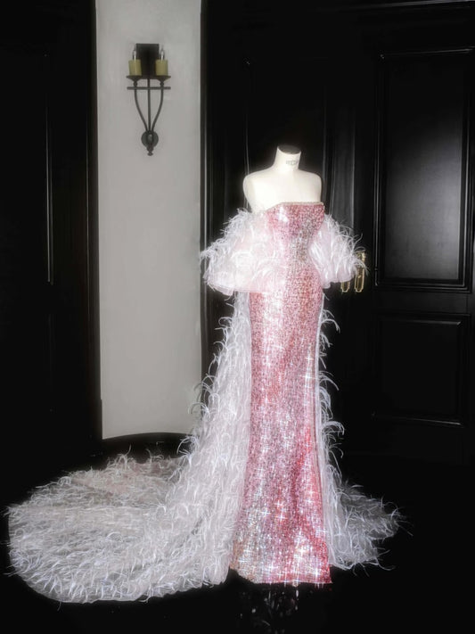 Vintage Mermaid Strapless Pink Sequins Long Prom Dress Party Dress Graduation Dresses Birthday Outfits D2715