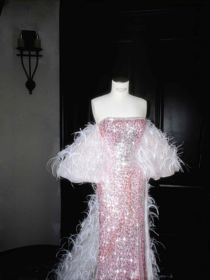 Vintage Mermaid Strapless Pink Sequins Long Prom Dress Party Dress Graduation Dresses Birthday Outfits D2715