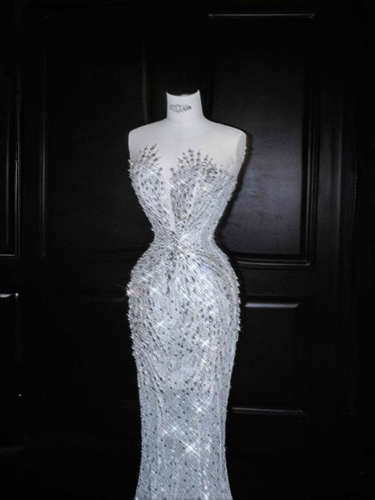 Vintage Mermaid Silver Gray Sequins Long Prom Dress Party Dress Graduation Dresses Birthday Outfits D2716