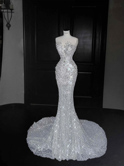 Vintage Mermaid Silver Gray Sequins Long Prom Dress Party Dress Graduation Dresses Birthday Outfits D2716