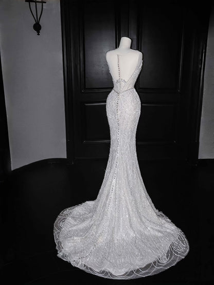 Vintage Mermaid Silver Gray Sequins Long Prom Dress Party Dress Graduation Dresses Birthday Outfits D2716