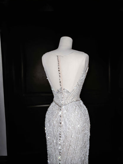 Vintage Mermaid Silver Gray Sequins Long Prom Dress Party Dress Graduation Dresses Birthday Outfits D2716