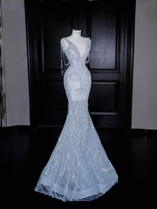 Gorgeous Mermaid V Neck Silver Beads  Long Prom Dress Party Dress Graduation Dresses DP2718