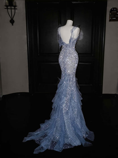 Gorgeous Mermaid Halter Blue Sequin Long Prom Dress Party Dress Graduation Dresses DP2721