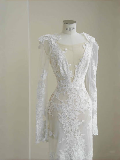 Pretty Bridal Gown Mermaid V Neck Lace White Long Wedding Dresses Modest Bridal Gowns D2726