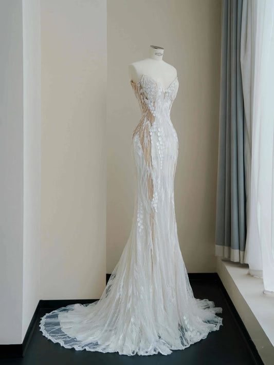 Pretty Bridal Gown Mermaid Sweetheart Lace White Long Wedding Dresses Modest Bridal Gowns D2727
