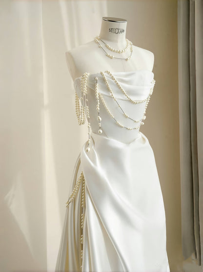 Simple Bridal Gown Sheath Strapless White Satin Floor Length Wedding Dresses Minimalist Bridal Gowns D2732