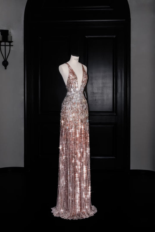 Gorgeous Mermaid V Neck Pink Sequin Long Prom Dress Party Dress Graduation Dresses D2736
