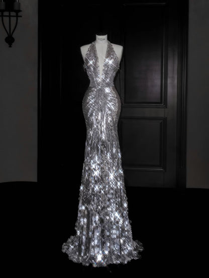 Sparkly Mermaid V Neck Silver Sequin Long Prom Dress Party Dress Graduation Dresses D2737