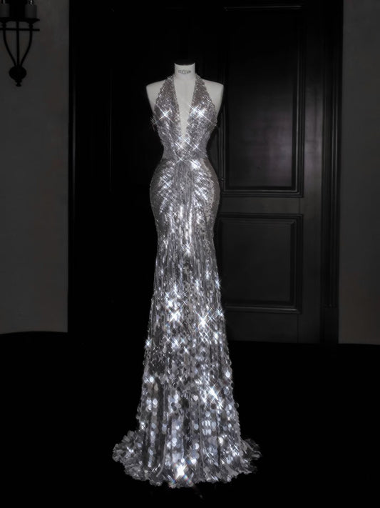 Sparkly Mermaid V Neck Silver Sequin Long Prom Dress Party Dress Graduation Dresses D2737