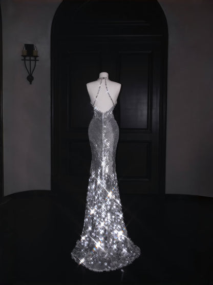 Sparkly Mermaid V Neck Silver Sequin Long Prom Dress Party Dress Graduation Dresses D2737