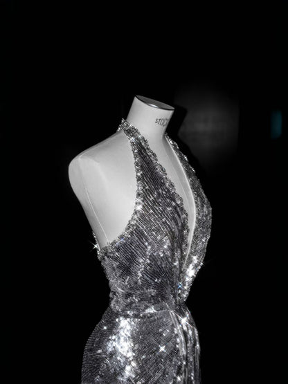 Sparkly Mermaid V Neck Silver Sequin Long Prom Dress Party Dress Graduation Dresses D2737