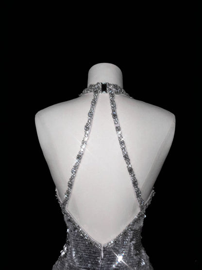 Sparkly Mermaid V Neck Silver Sequin Long Prom Dress Party Dress Graduation Dresses D2737