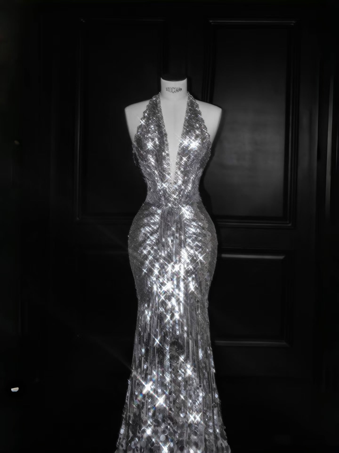 Sparkly Mermaid V Neck Silver Sequin Long Prom Dress Party Dress Graduation Dresses D2737