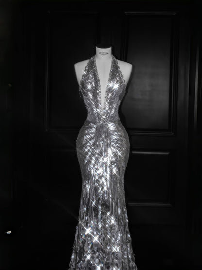 Sparkly Mermaid V Neck Silver Sequin Long Prom Dress Party Dress Graduation Dresses D2737