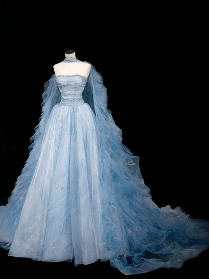 Modest Ball Gown Strapless Blue Tulle Long Prom Dress Party Dress Graduation Dresses D2739