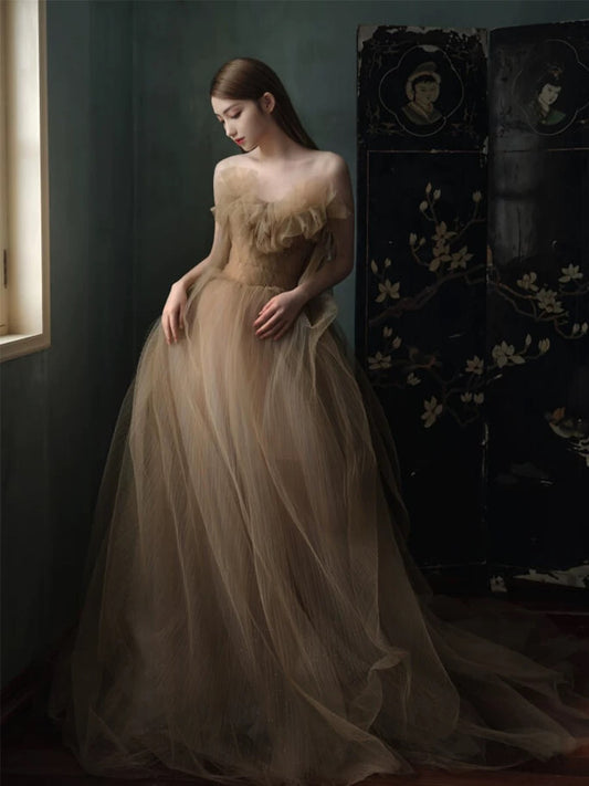 Classy Ball Gown Sweetheart Tulle Champagne Evening Dress Long Prom Dresses H2864