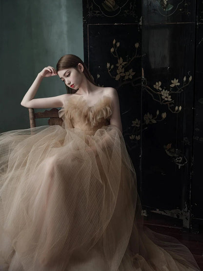 Classy Ball Gown Sweetheart Tulle Champagne Evening Dress Long Prom Dresses H2864