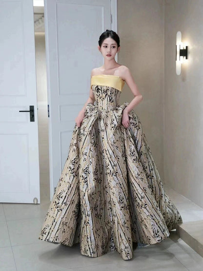 Classy Ball Gown Strapless Satin Floral Evening Dress Long Prom Dresses H2866
