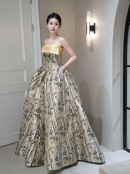 Classy Ball Gown Strapless Satin Floral Evening Dress Long Prom Dresses H2866