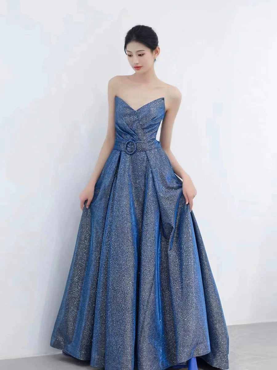 Classy Ball Gown Sweetheart Blue Sequin Evening Dress Long Prom Dresses H2871