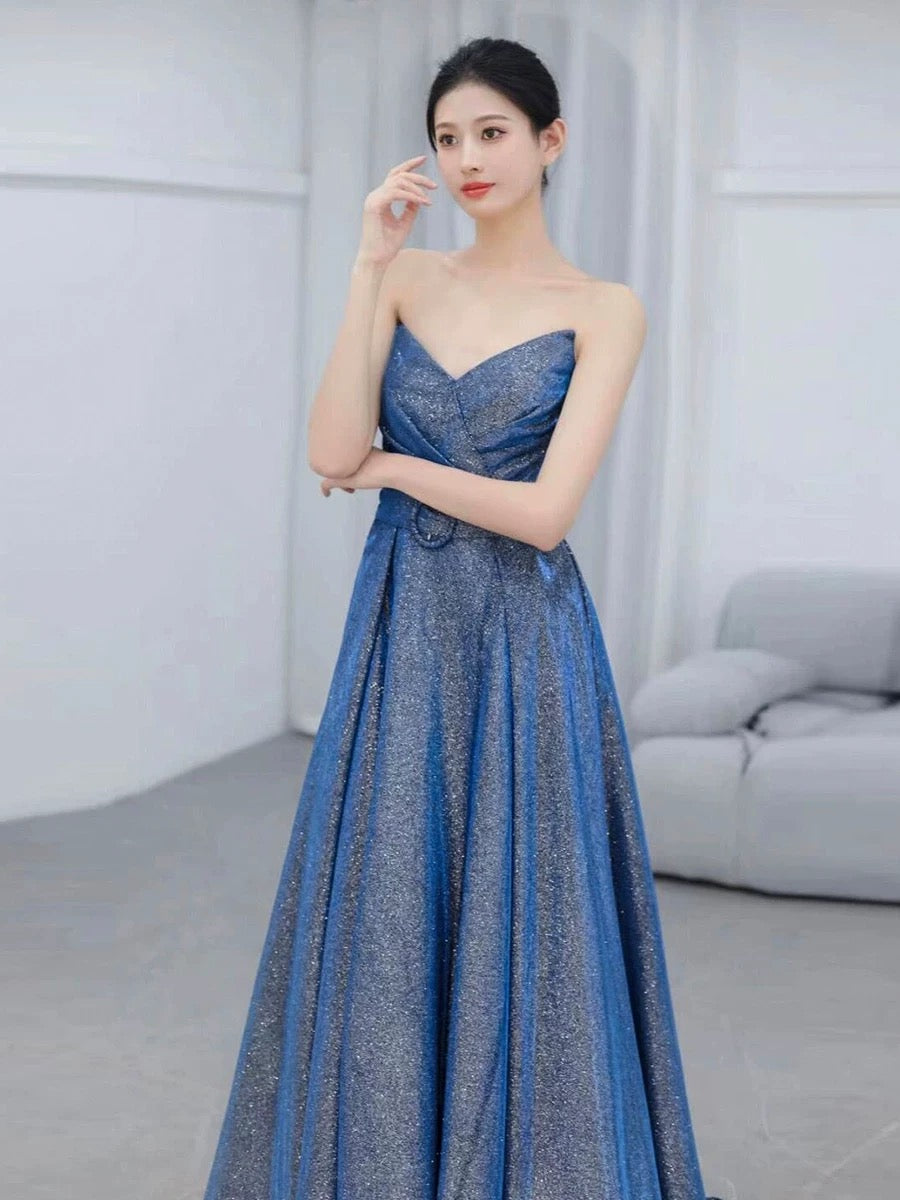 Classy Ball Gown Sweetheart Blue Sequin Evening Dress Long Prom Dresses H2871