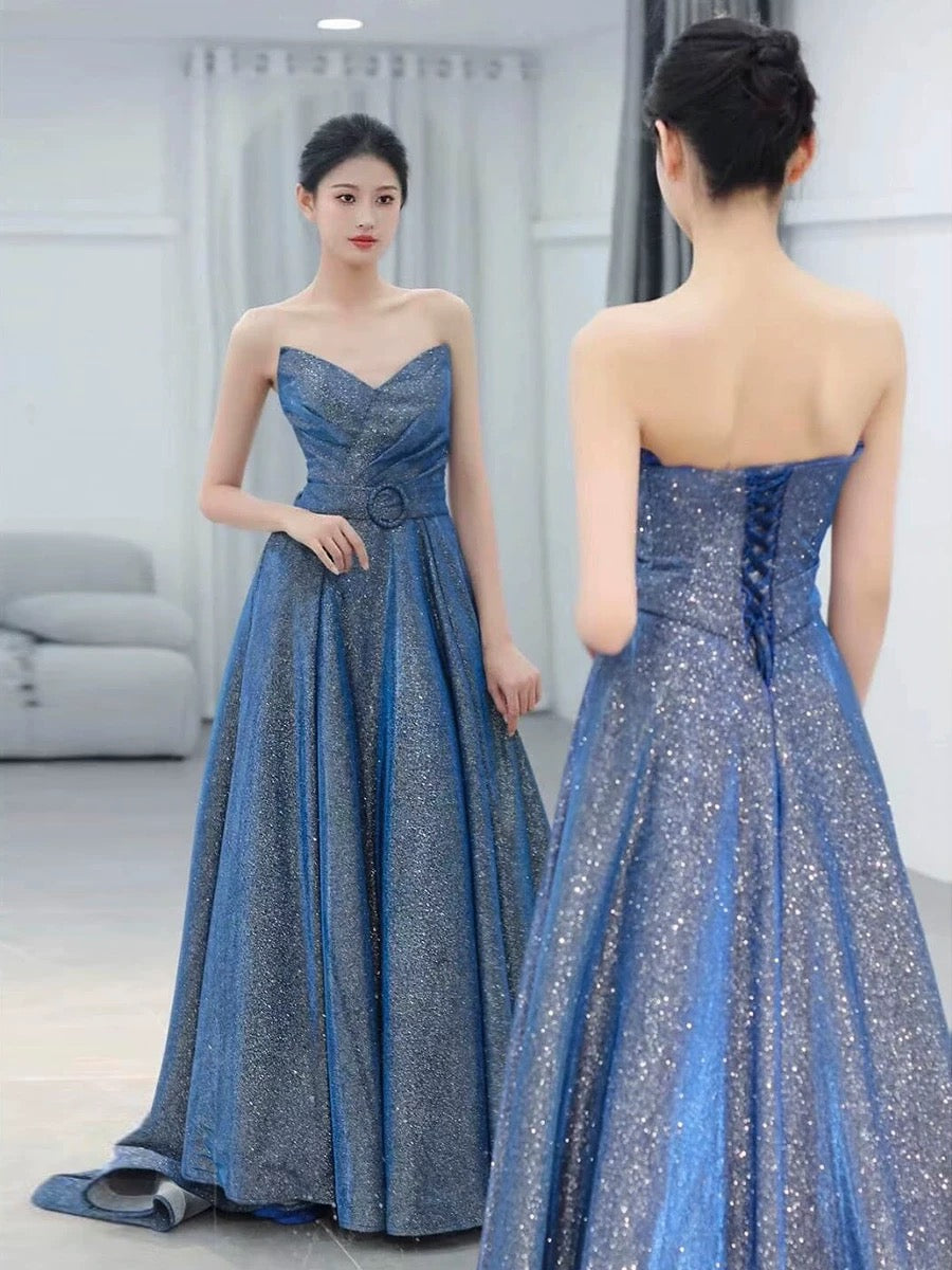 Classy Ball Gown Sweetheart Blue Sequin Evening Dress Long Prom Dresses H2871