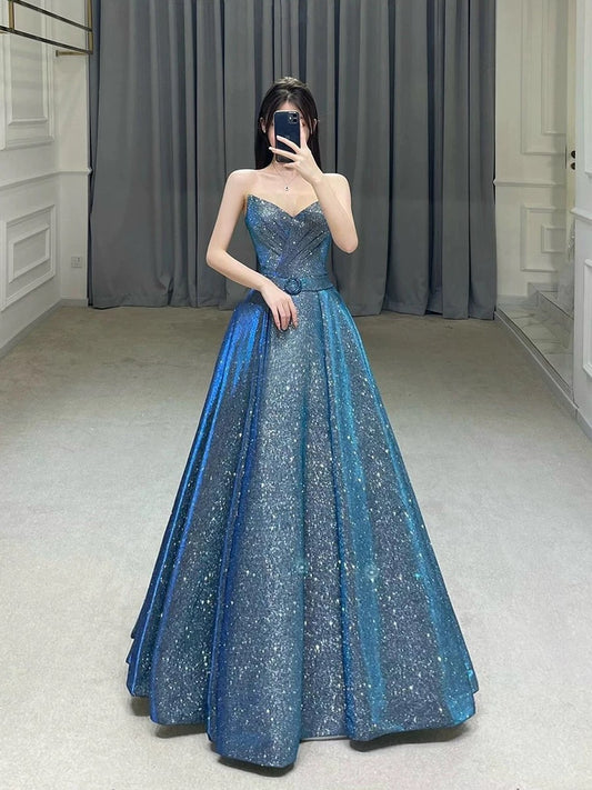 Classy Ball Gown Sweetheart Blue Sequin Evening Dress Long Prom Dresses H2871