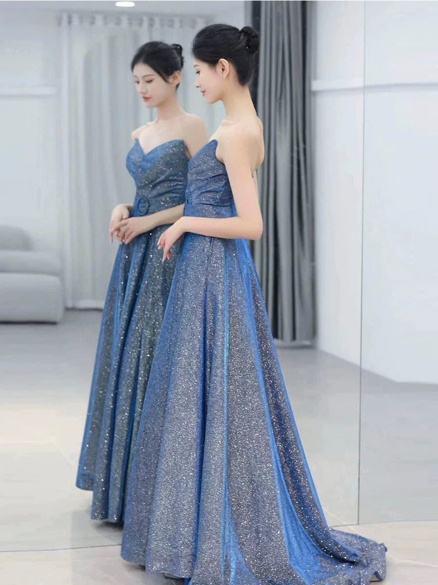 Classy Ball Gown Sweetheart Blue Sequin Evening Dress Long Prom Dresses H2871