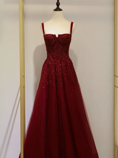 Classy Ball Gown Straps Burgundy Sequin Evening Dress Long Prom Dresses H2872