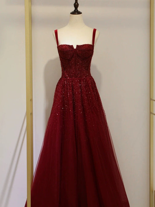 Classy Ball Gown Straps Burgundy Sequin Evening Dress Long Prom Dresses H2872