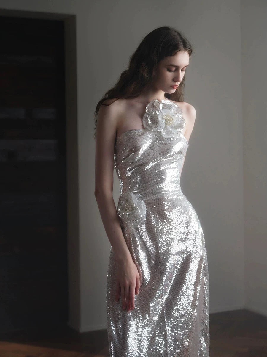 Classy Mermaid One Shoulder Silver Sequin Evening Dress Long Prom Dresses H2873