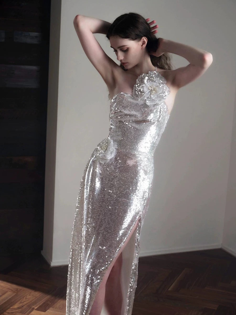 Classy Mermaid One Shoulder Silver Sequin Evening Dress Long Prom Dresses H2873