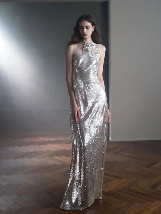 Classy Mermaid One Shoulder Silver Sequin Evening Dress Long Prom Dresses H2873