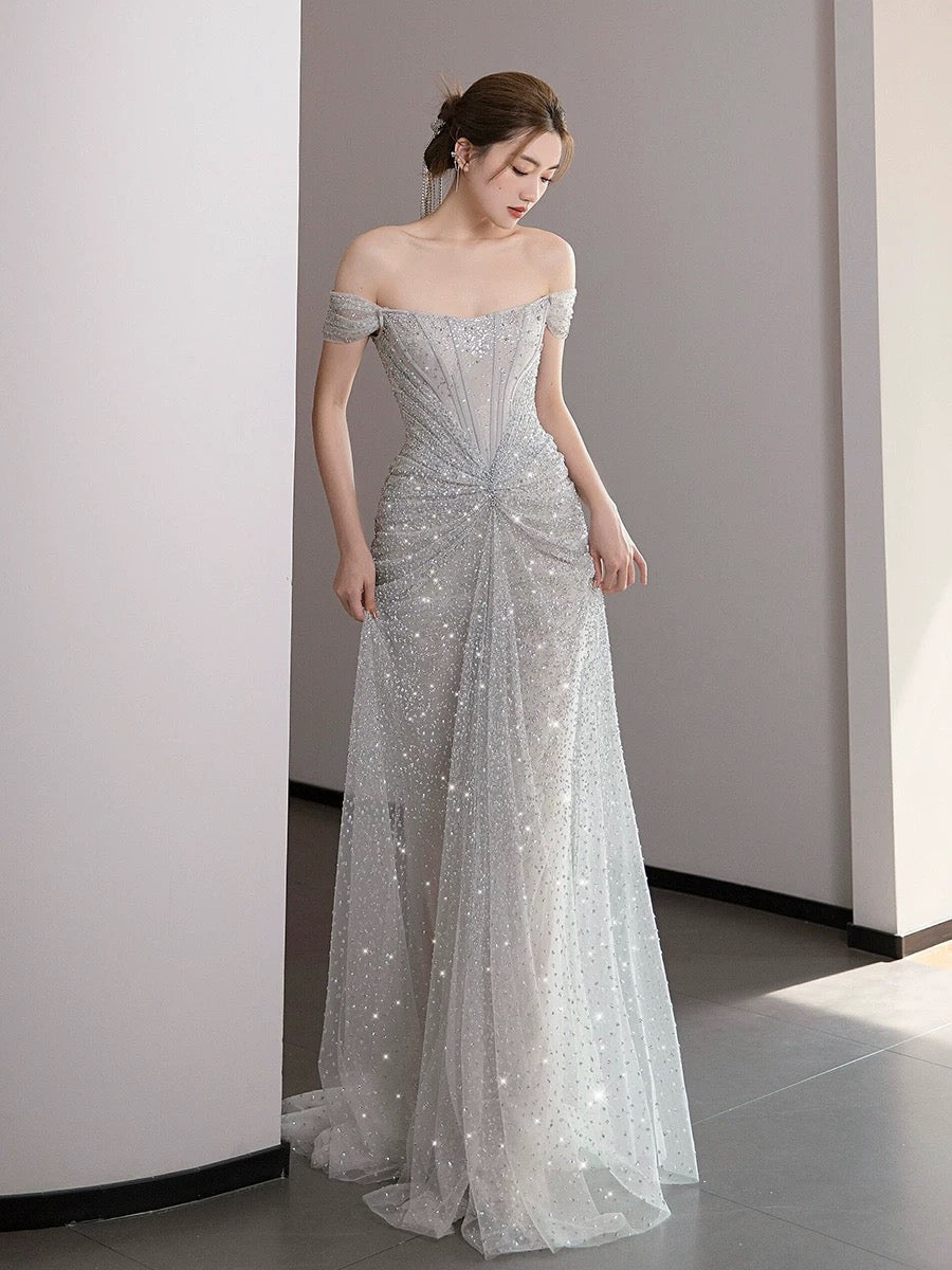 Classy Mermaid Off The Shoulder Silver Sequin Long Evening Dress Long Prom Dresses H2877