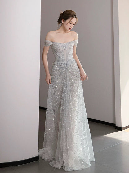 Classy Mermaid Off The Shoulder Silver Sequin Long Evening Dress Long Prom Dresses H2877
