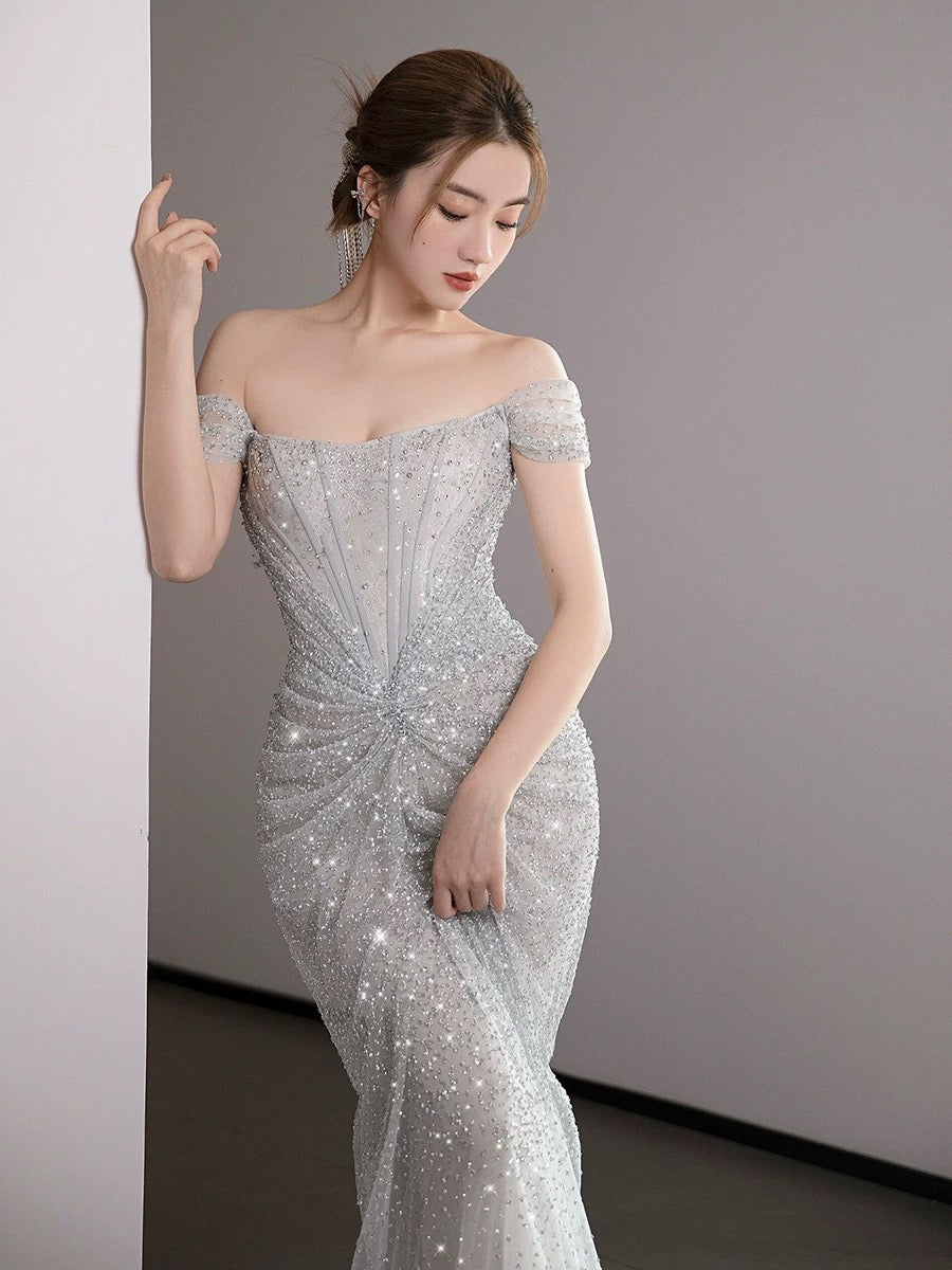 Classy Mermaid Off The Shoulder Silver Sequin Long Evening Dress Long Prom Dresses H2877