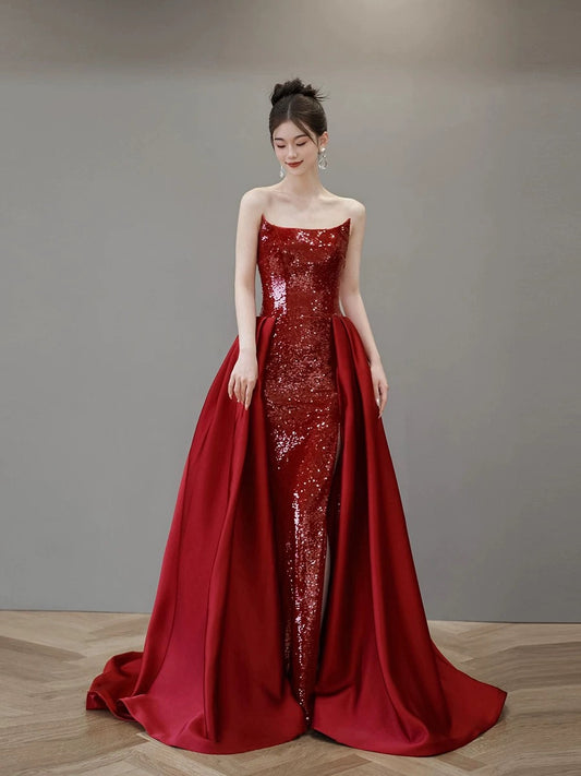 Classy Mermaid Strapless Red Sequin Long Evening Dress Long Prom Dresses H2879