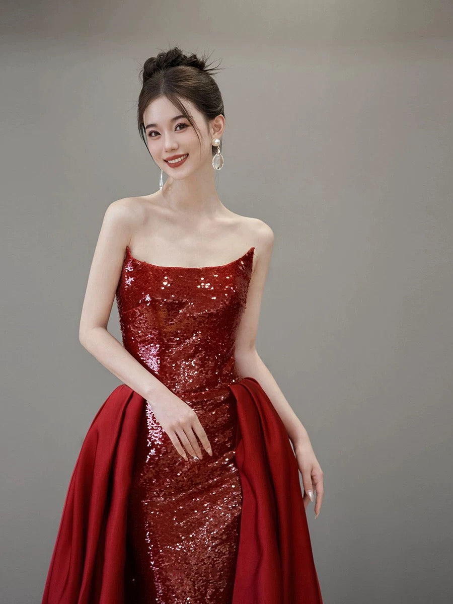 Classy Mermaid Strapless Red Sequin Long Evening Dress Long Prom Dresses H2879