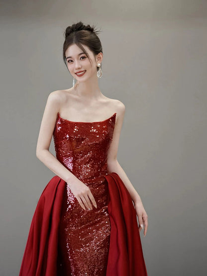 Classy Mermaid Strapless Red Sequin Long Evening Dress Long Prom Dresses H2879