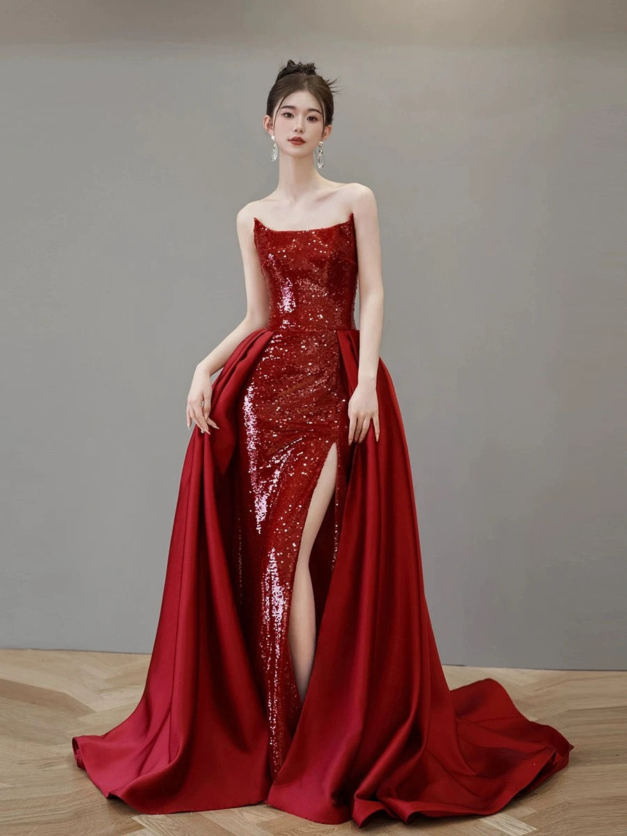 Classy Mermaid Strapless Red Sequin Long Evening Dress Long Prom Dresses H2879