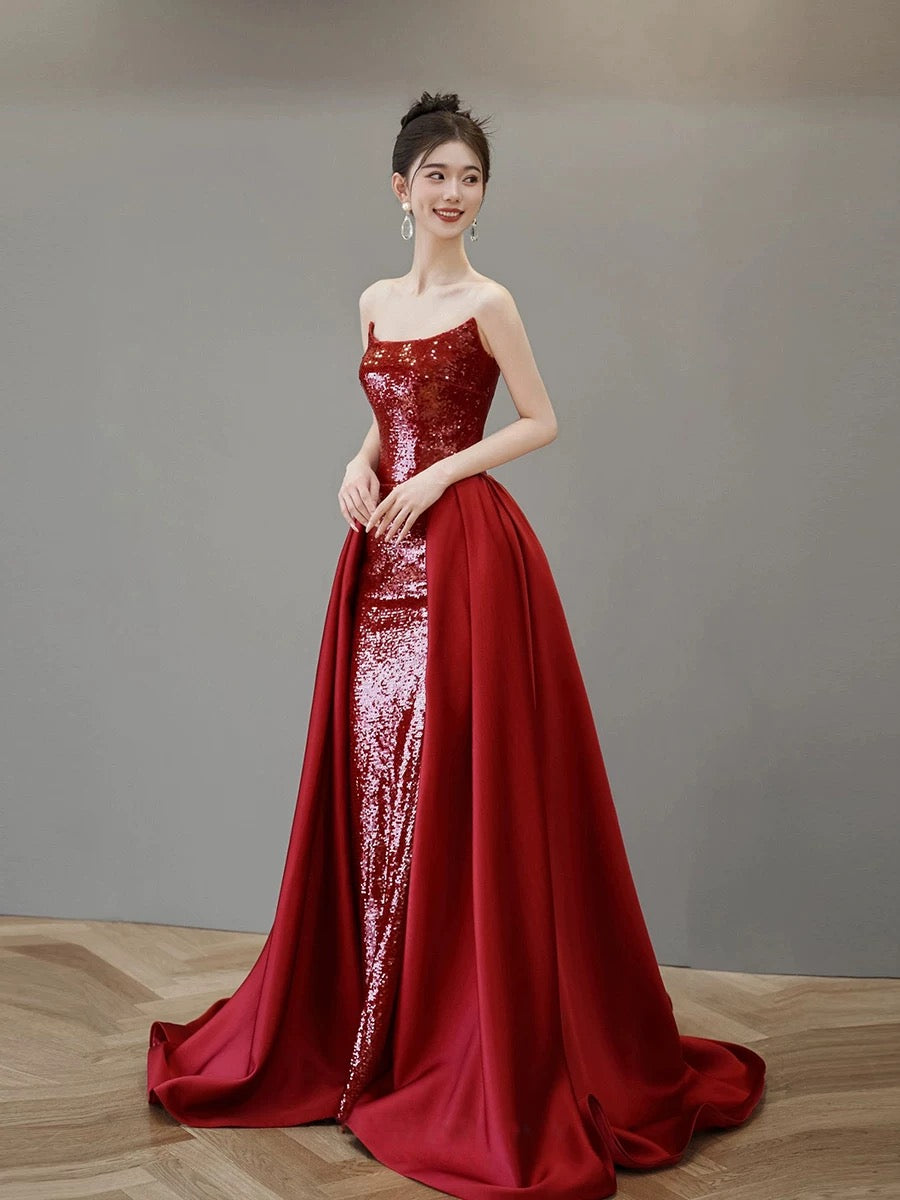 Classy Mermaid Strapless Red Sequin Long Evening Dress Long Prom Dresses H2879