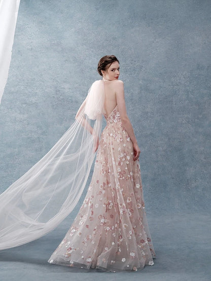 Robe de soirée longue rose à fleurs, coupe trapèze, élégante, col licou, H2882