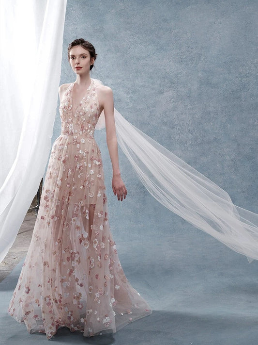 Robe de soirée longue rose à fleurs, coupe trapèze, élégante, col licou, H2882