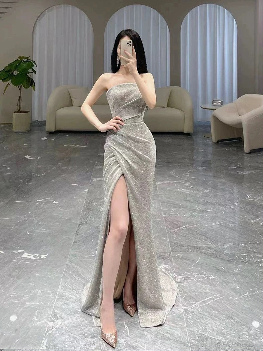 Classy Mermaid Strapless Sequin Evening Dress Long Prom Dresses H2886