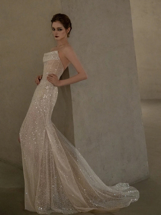 Classy Mermaid Strapless White Sequin Slit Evening Dress Long Prom Dresses H2887